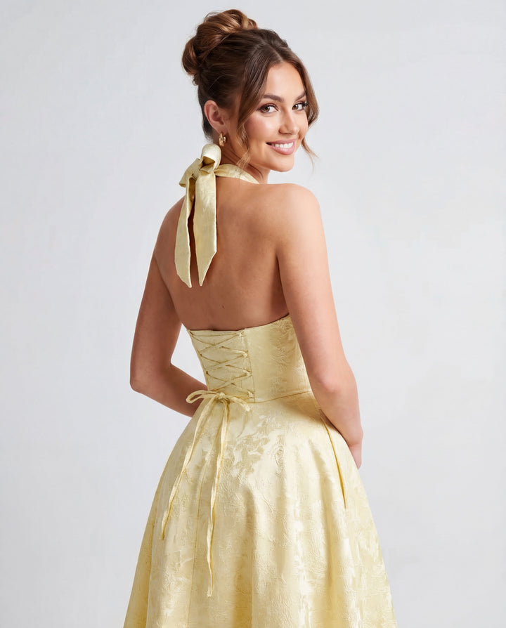 Women’s Halter Neck Pleated Midi Dress with Bow Tie Back