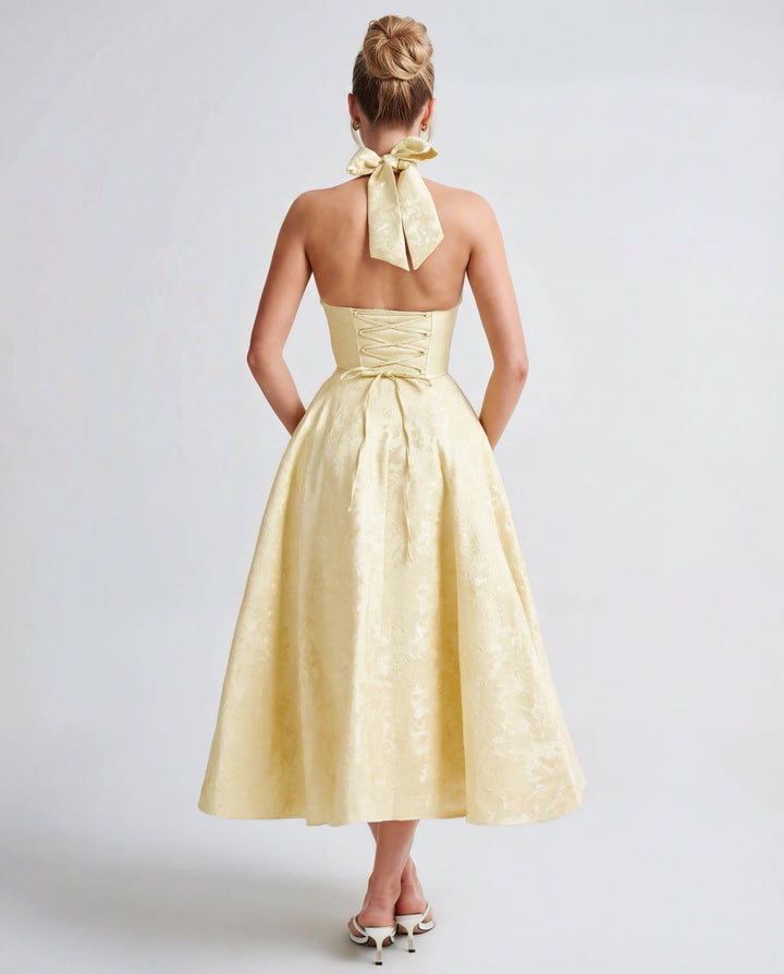 Women’s Halter Neck Pleated Midi Dress with Bow Tie Back