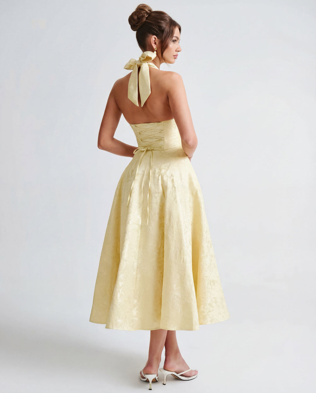 Women’s Halter Neck Pleated Midi Dress with Bow Tie Back