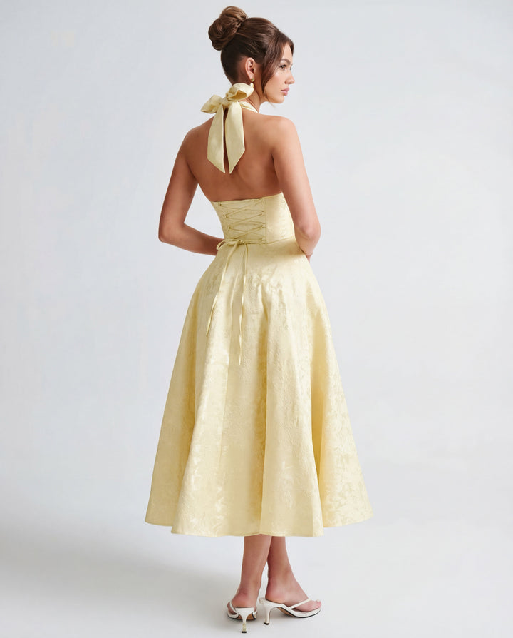 Women’s Halter Neck Pleated Midi Dress with Bow Tie Back