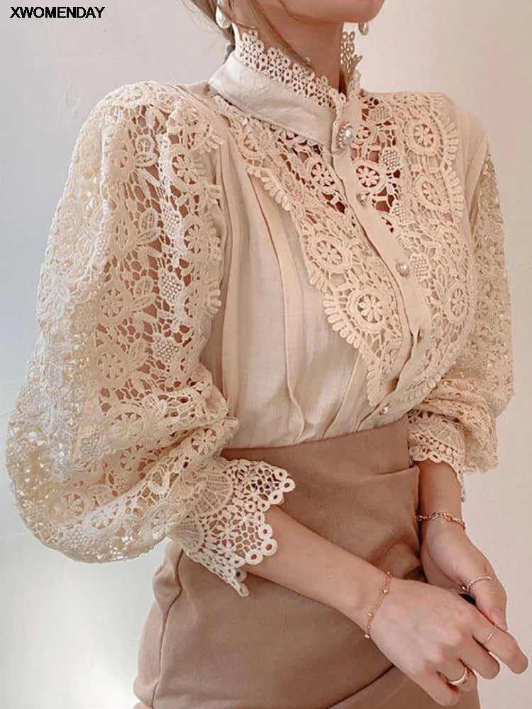 Women’s Lace Long Sleeve Button-Front Blouse