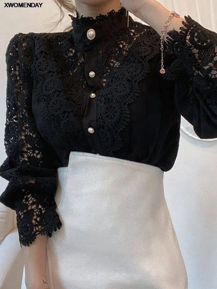 Women’s Lace Long Sleeve Button-Front Blouse