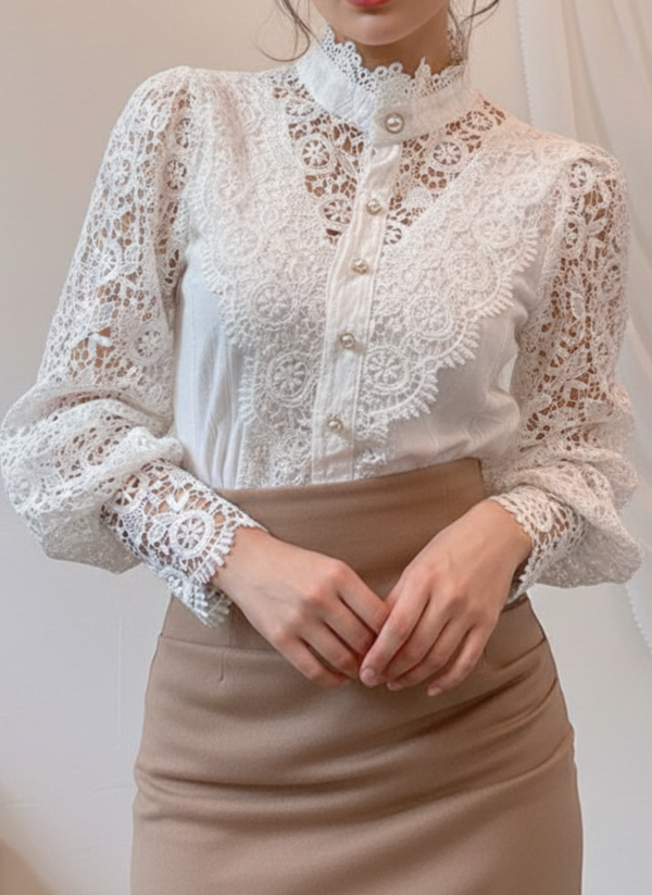 Women’s Lace Long Sleeve Button-Front Blouse