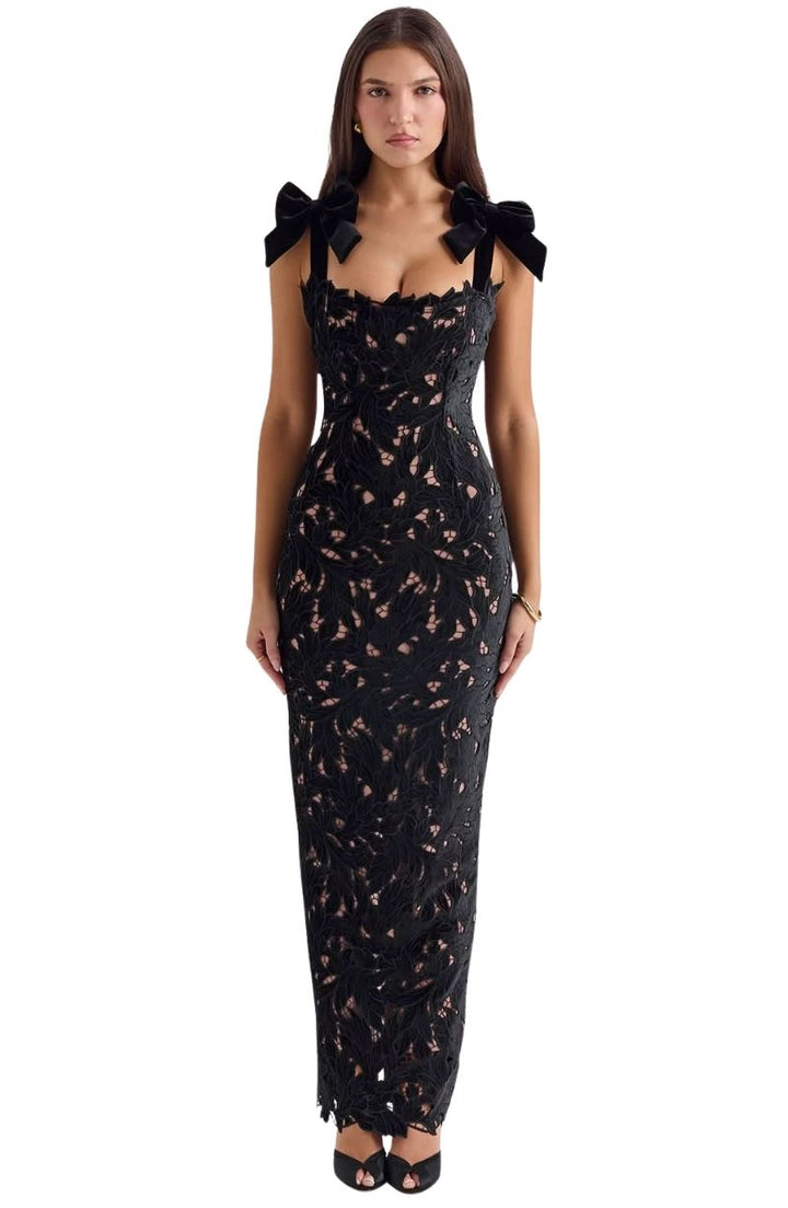 Women's Lace Maxi Dress with Bow Straps and Back Slit