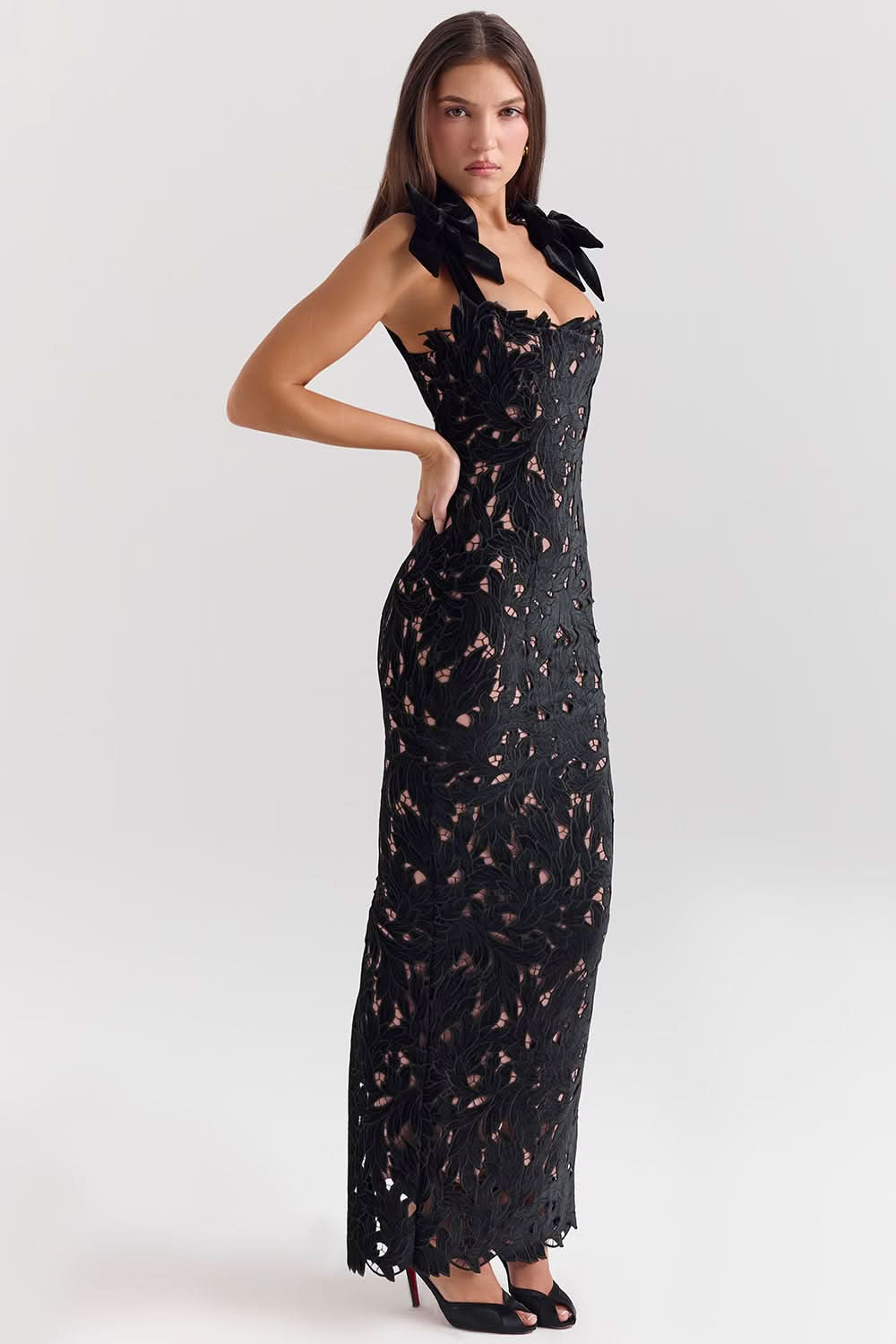 Women's Lace Maxi Dress with Bow Straps and Back Slit