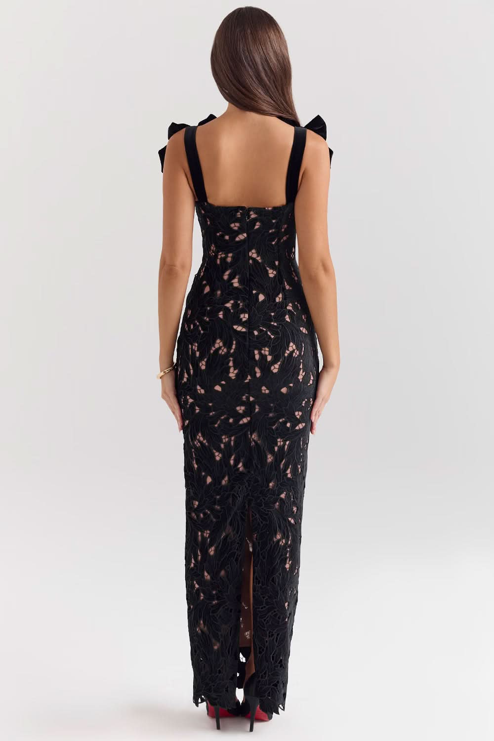 Women's Lace Maxi Dress with Bow Straps and Back Slit