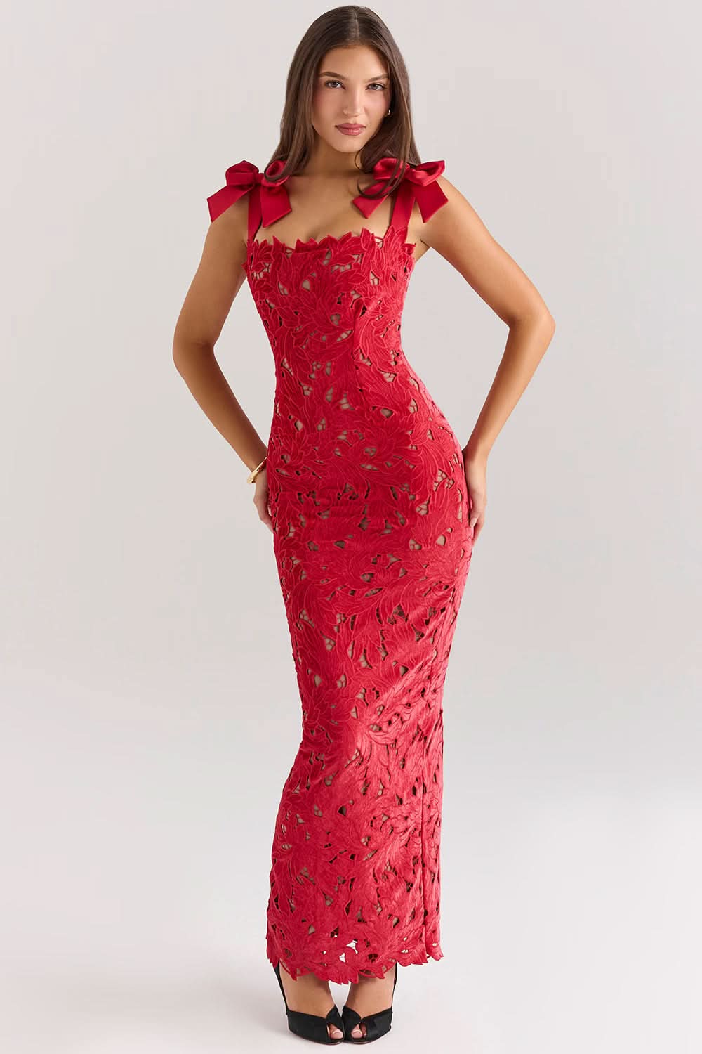 Women's Lace Maxi Dress with Bow Straps and Back Slit