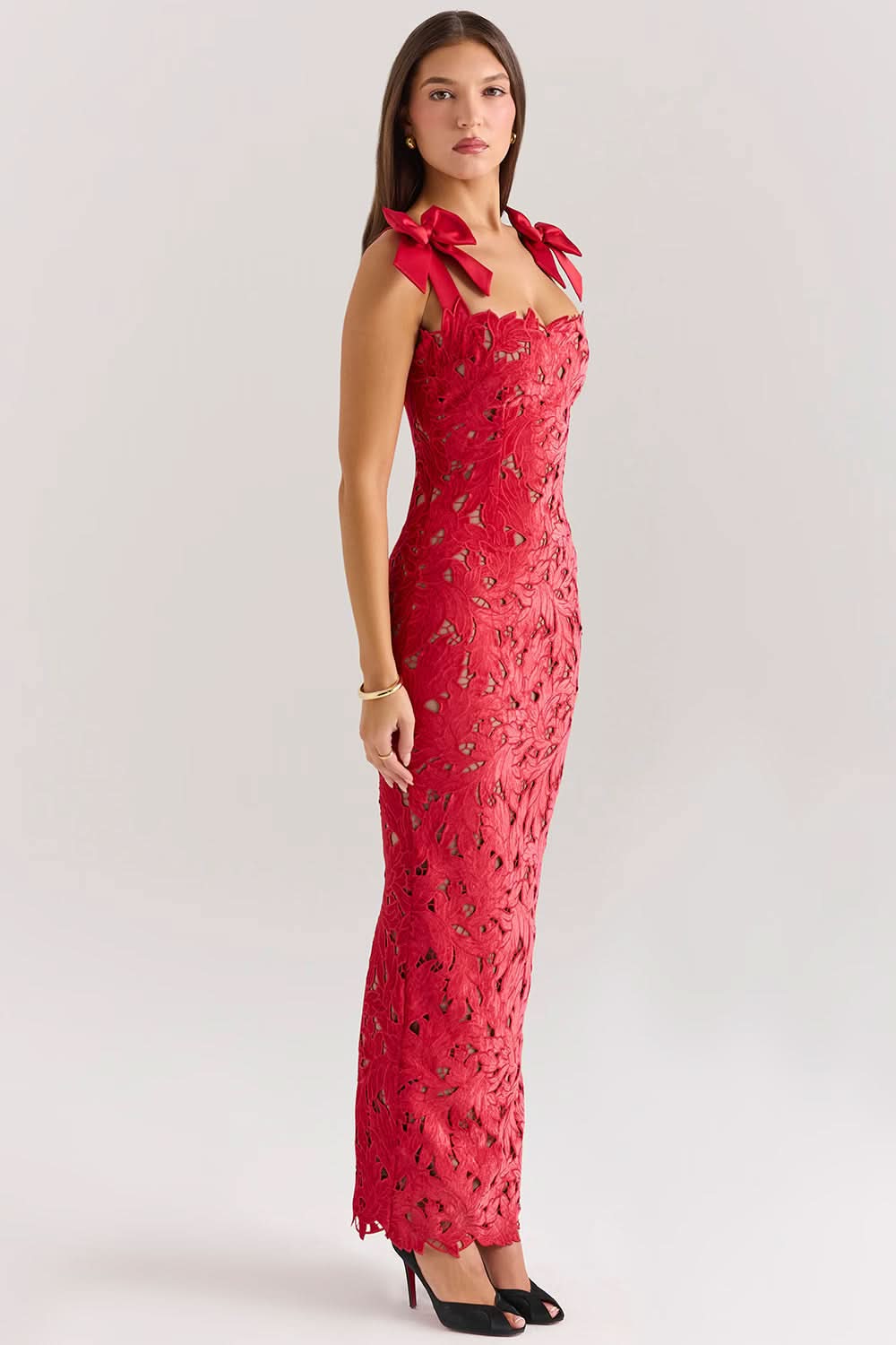 Women's Lace Maxi Dress with Bow Straps and Back Slit