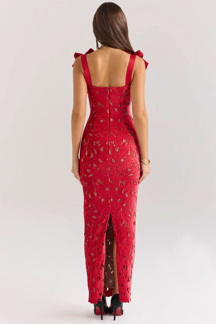 Women's Lace Maxi Dress with Bow Straps and Back Slit