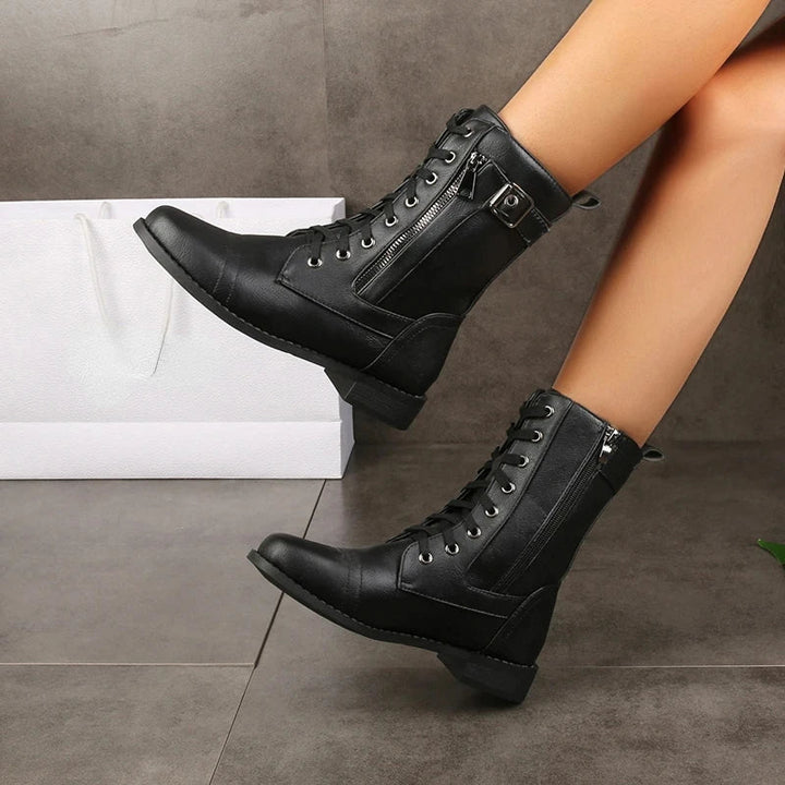 Women’s Lace-Up Mid Calf Boots with Side Zip and Strap Buckle