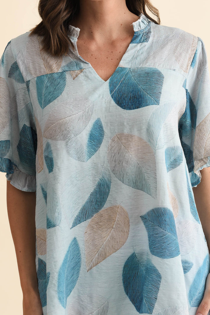 Women’s Leaf Print Short Sleeve Ruffle Top
