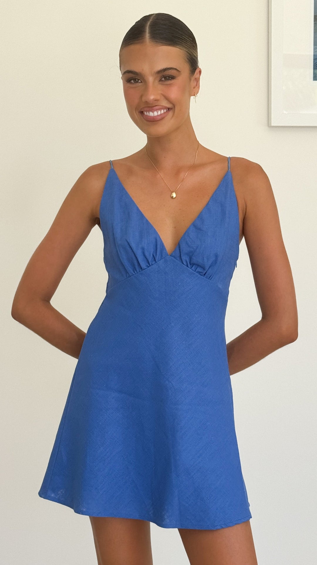 Women’s Linen Mini Dress with V Neckline and Ruched Bust Detail