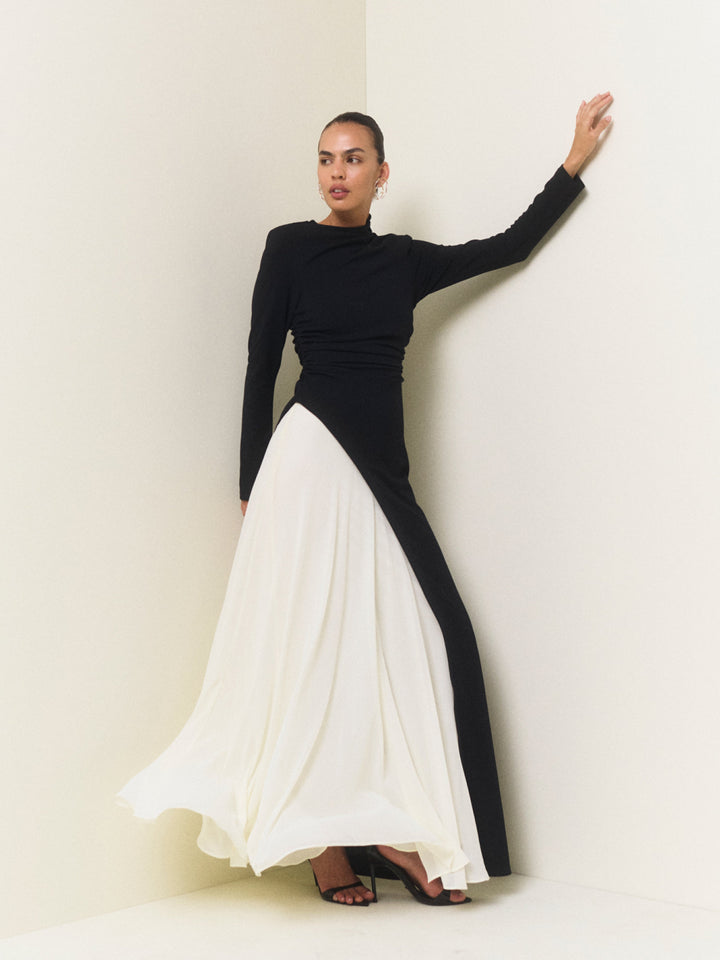 Women’s Long Sleeve Asymmetrical Neck Two-Tone Maxi Dress