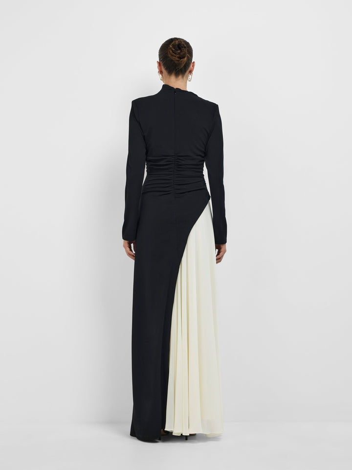 Women’s Long Sleeve Asymmetrical Neck Two-Tone Maxi Dress