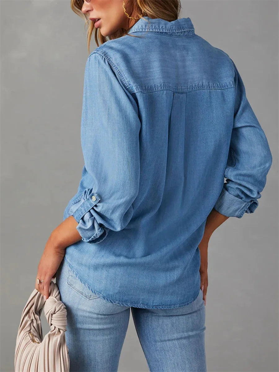 Women’s Long Sleeve Button-Front Denim Shirt