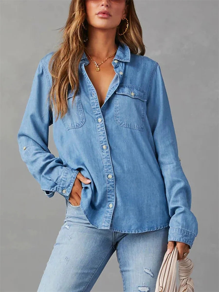 Women’s Long Sleeve Button-Front Denim Shirt