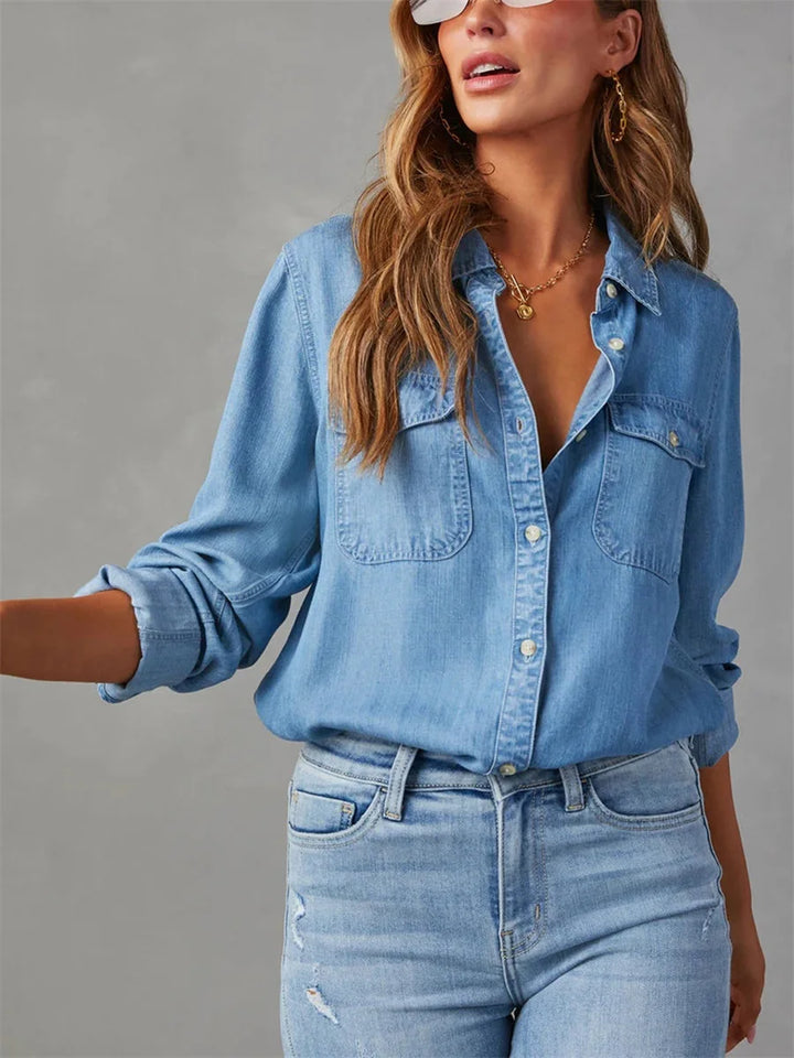 Women’s Long Sleeve Button-Front Denim Shirt