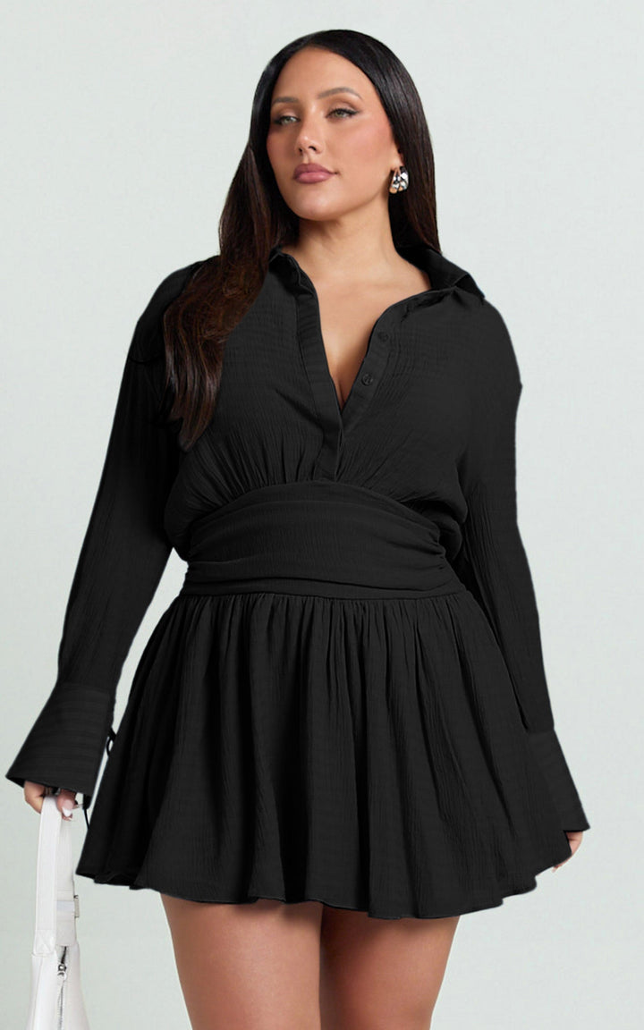 Women’s Long Sleeve Collared Mini Dress with Gathered Skirt