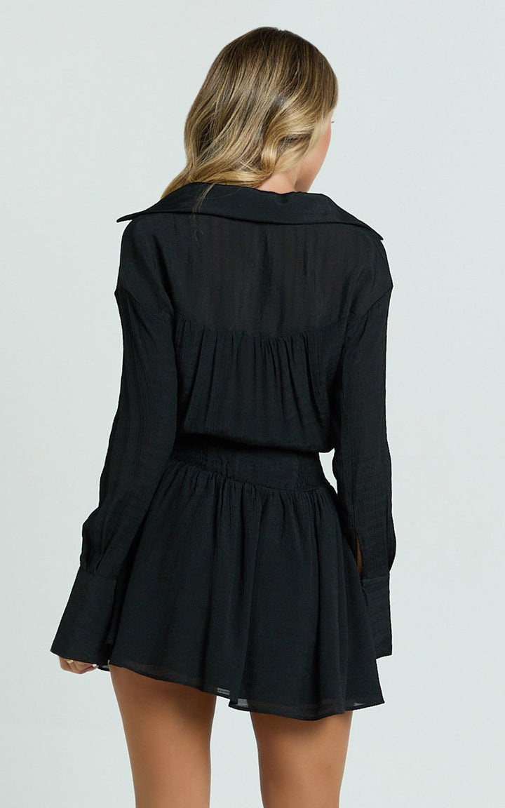 Women’s Long Sleeve Collared Mini Dress with Gathered Skirt