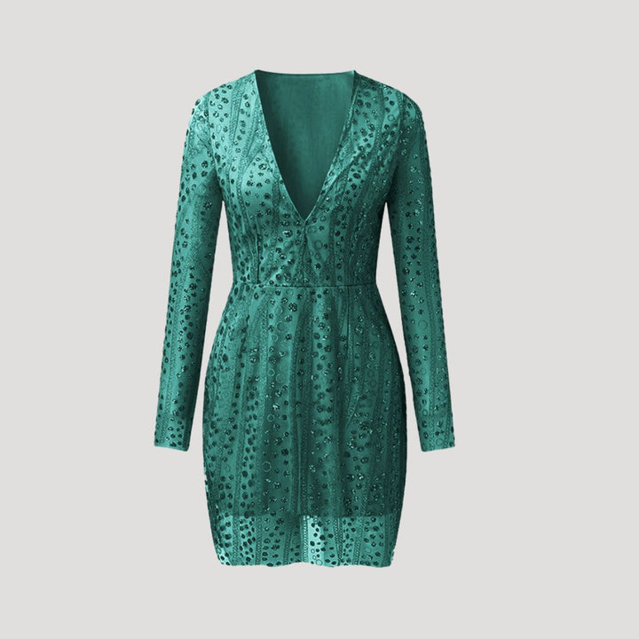 Women’s Long Sleeve Deep V-Neck Sequin Dress