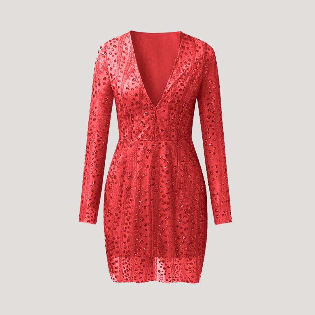 Women’s Long Sleeve Deep V-Neck Sequin Dress