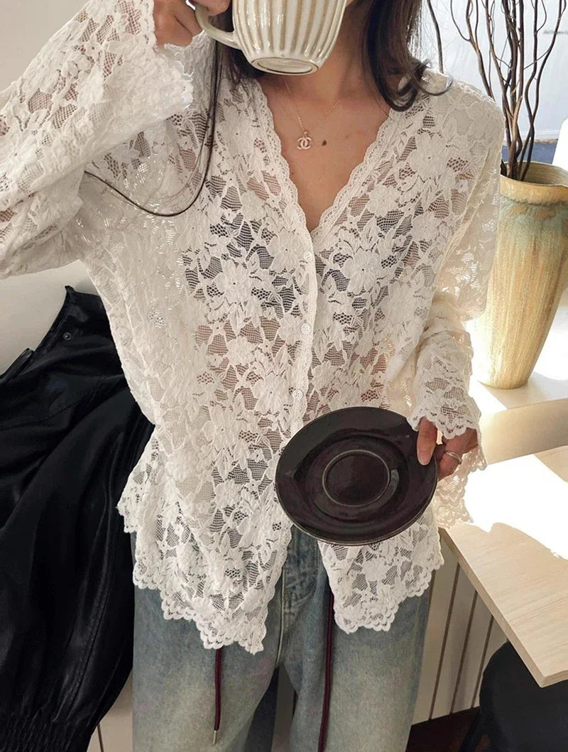 Women’s Long Sleeve Lace V-Neck Blouse