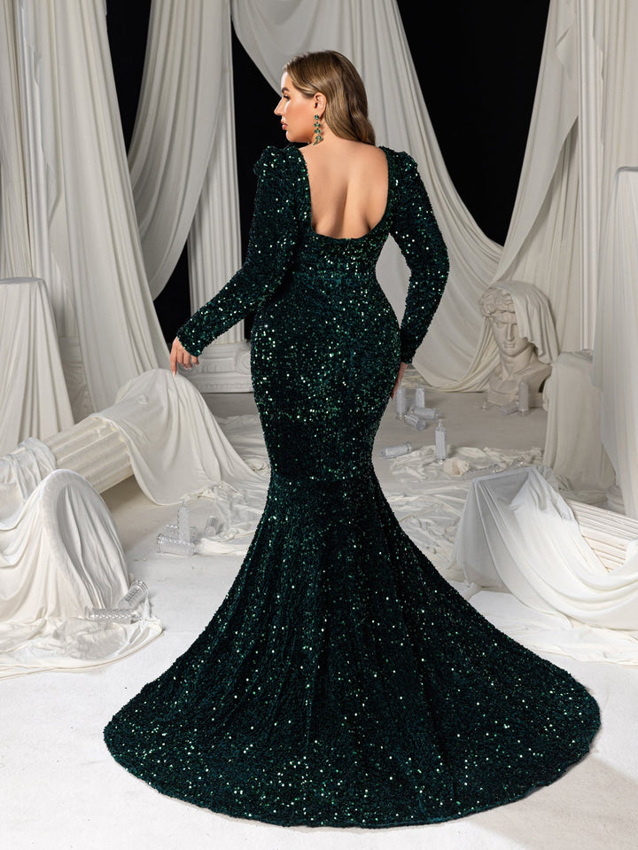 Women's Sequin Maxi Dress with Long Sleeves and Scoop Back