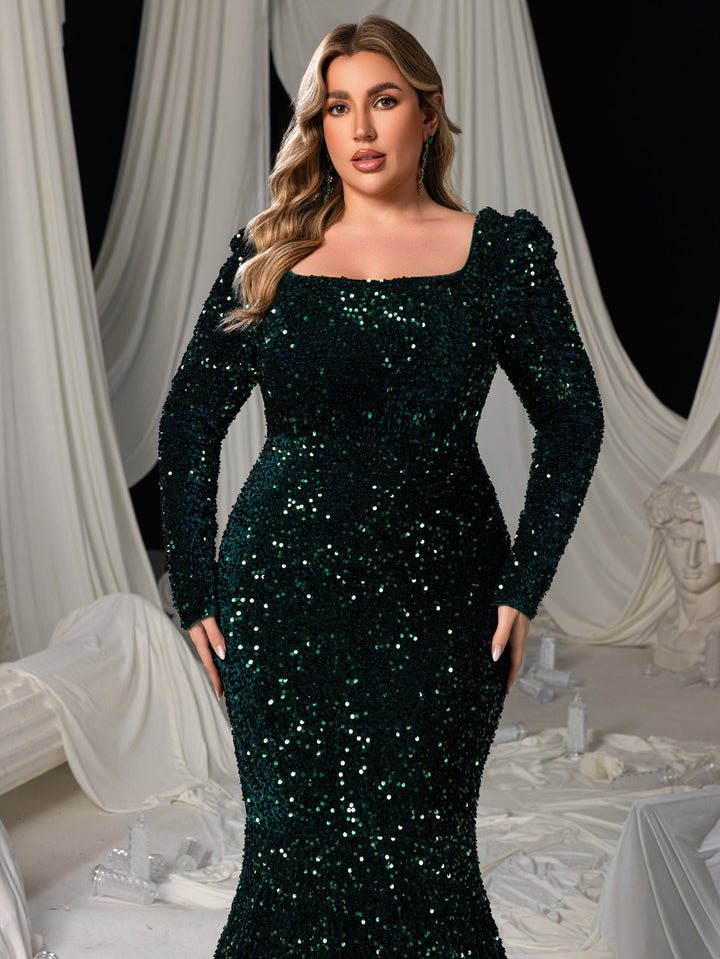 Women's Sequin Maxi Dress with Long Sleeves and Scoop Back