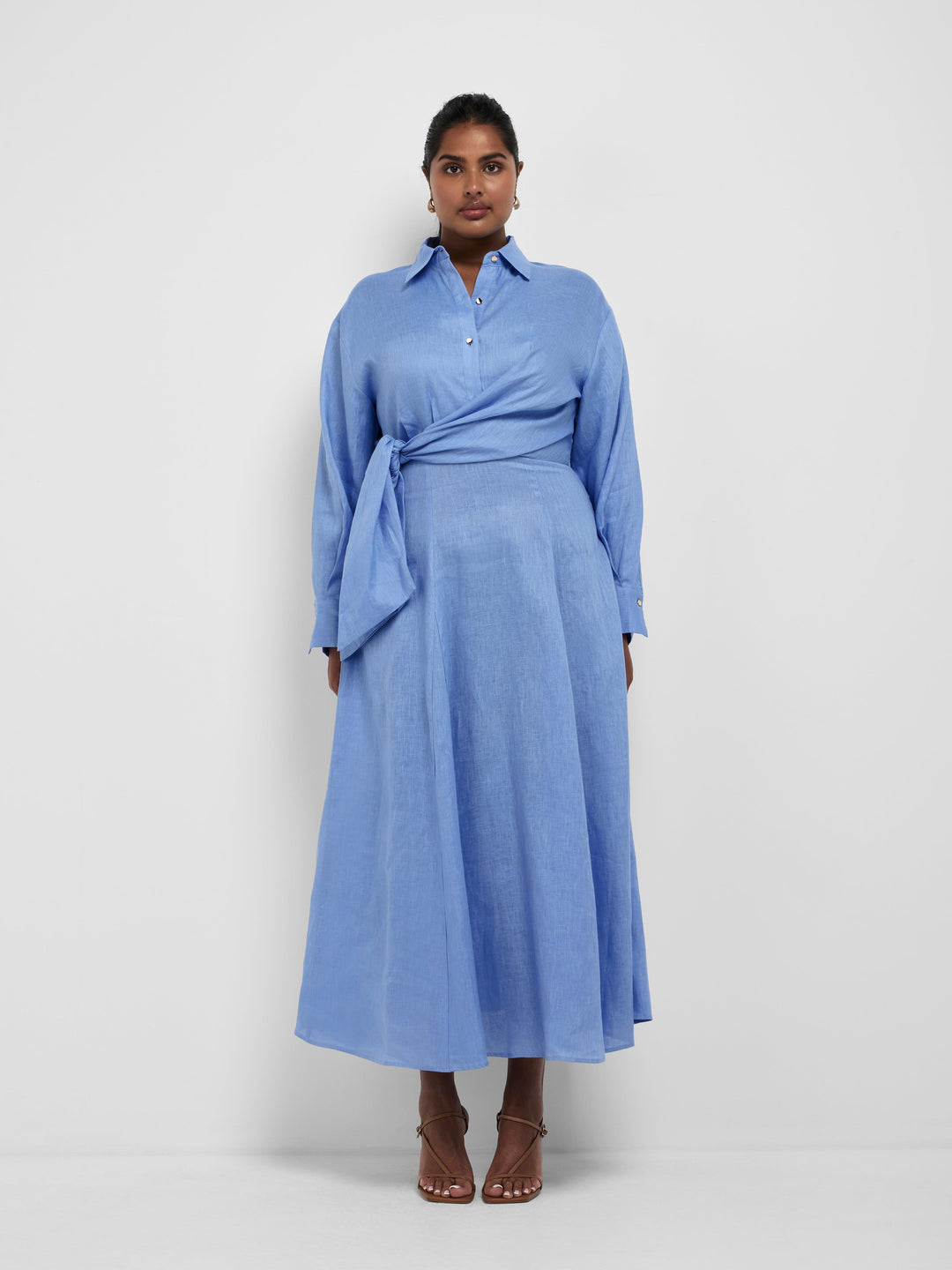 Women’s Long Sleeve Shirt Collar Maxi Dress with Wrap Tie Waist
