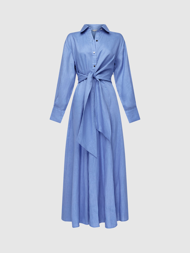 Women’s Long Sleeve Shirt Collar Maxi Dress with Wrap Tie Waist