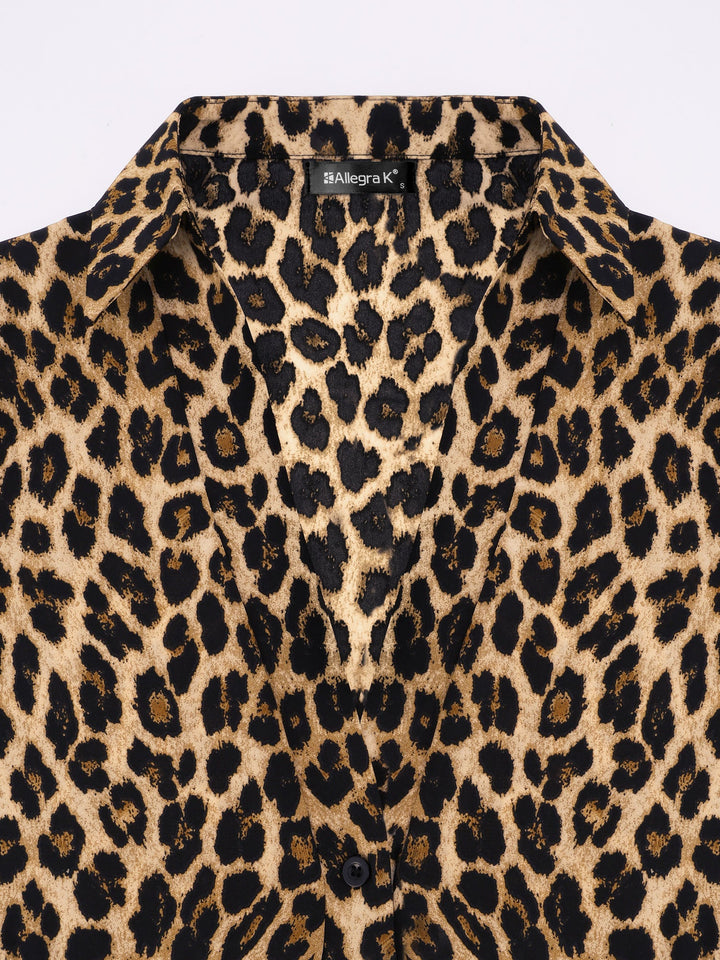 Women’s Long Sleeve Tie Waist Wrap Blouse Leopard Print