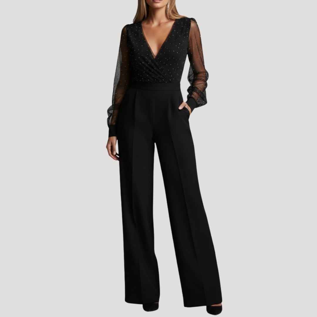 Women’s Long Sleeve V-Neck Wide Leg Jumpsuit