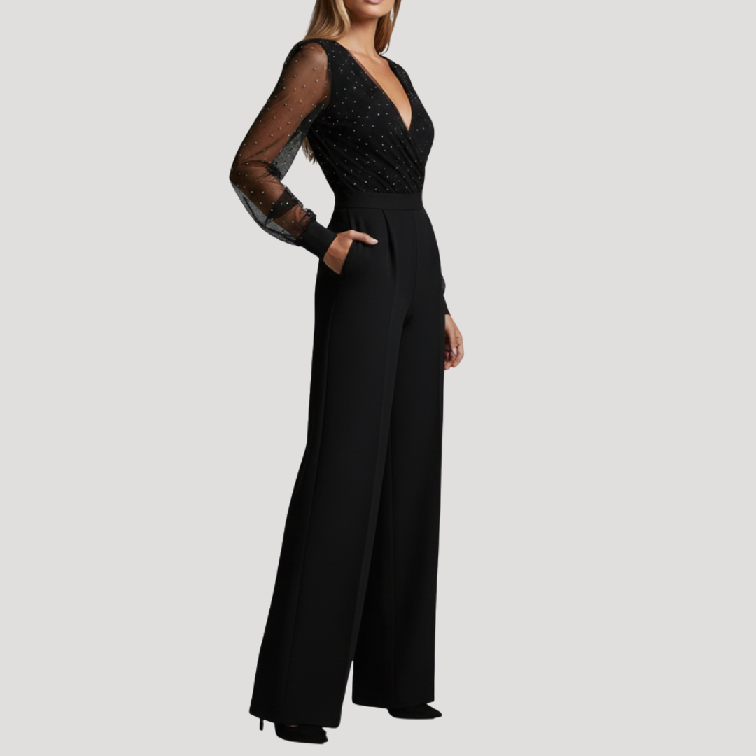 Women’s Long Sleeve V-Neck Wide Leg Jumpsuit