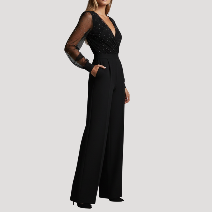 Women’s Long Sleeve V-Neck Wide Leg Jumpsuit