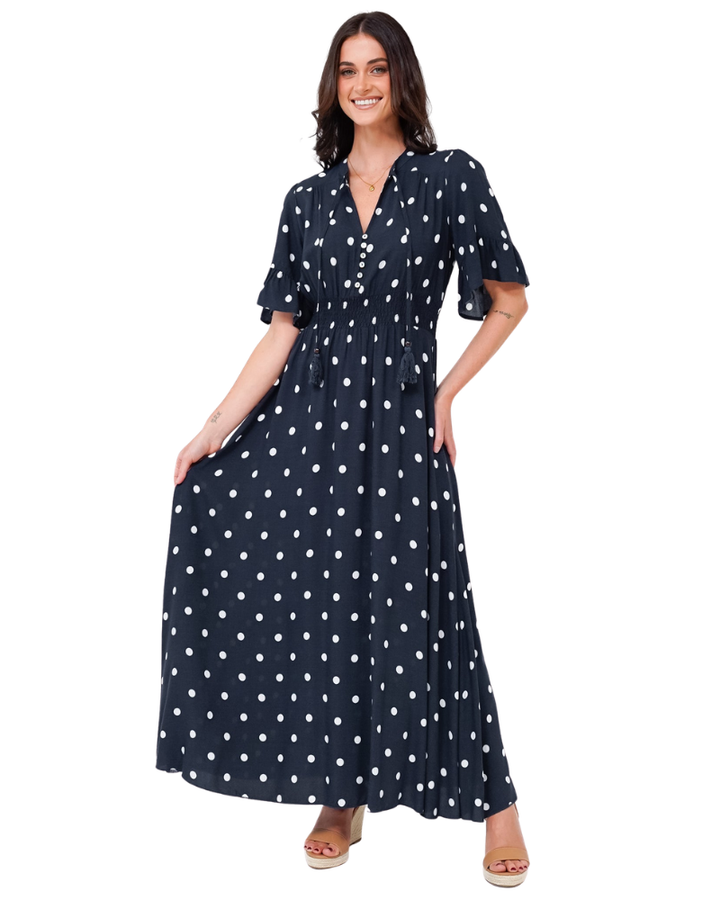Women’s Maxi Dress V-Neck Short Sleeve Elasticated Waist Polka Dot Dress