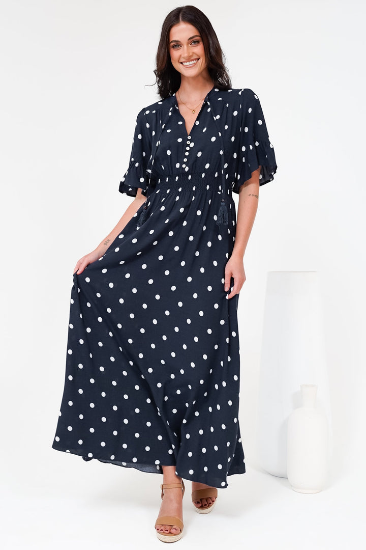 Women’s Maxi Dress V-Neck Short Sleeve Elasticated Waist Polka Dot Dress