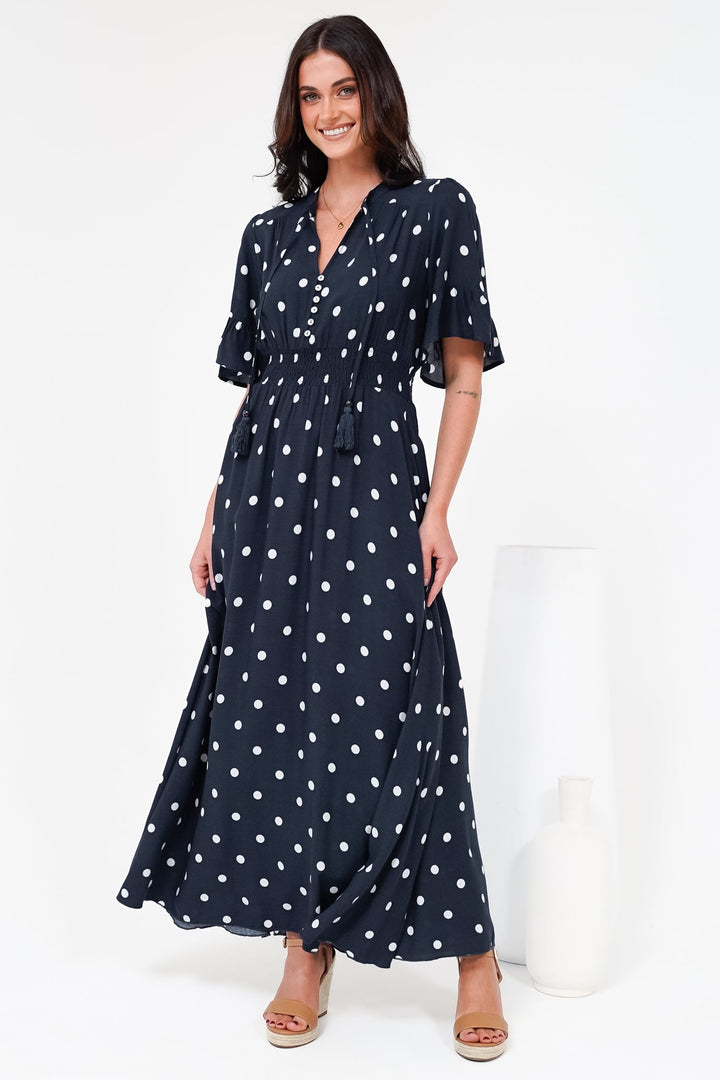 Women’s Maxi Dress V-Neck Short Sleeve Elasticated Waist Polka Dot Dress