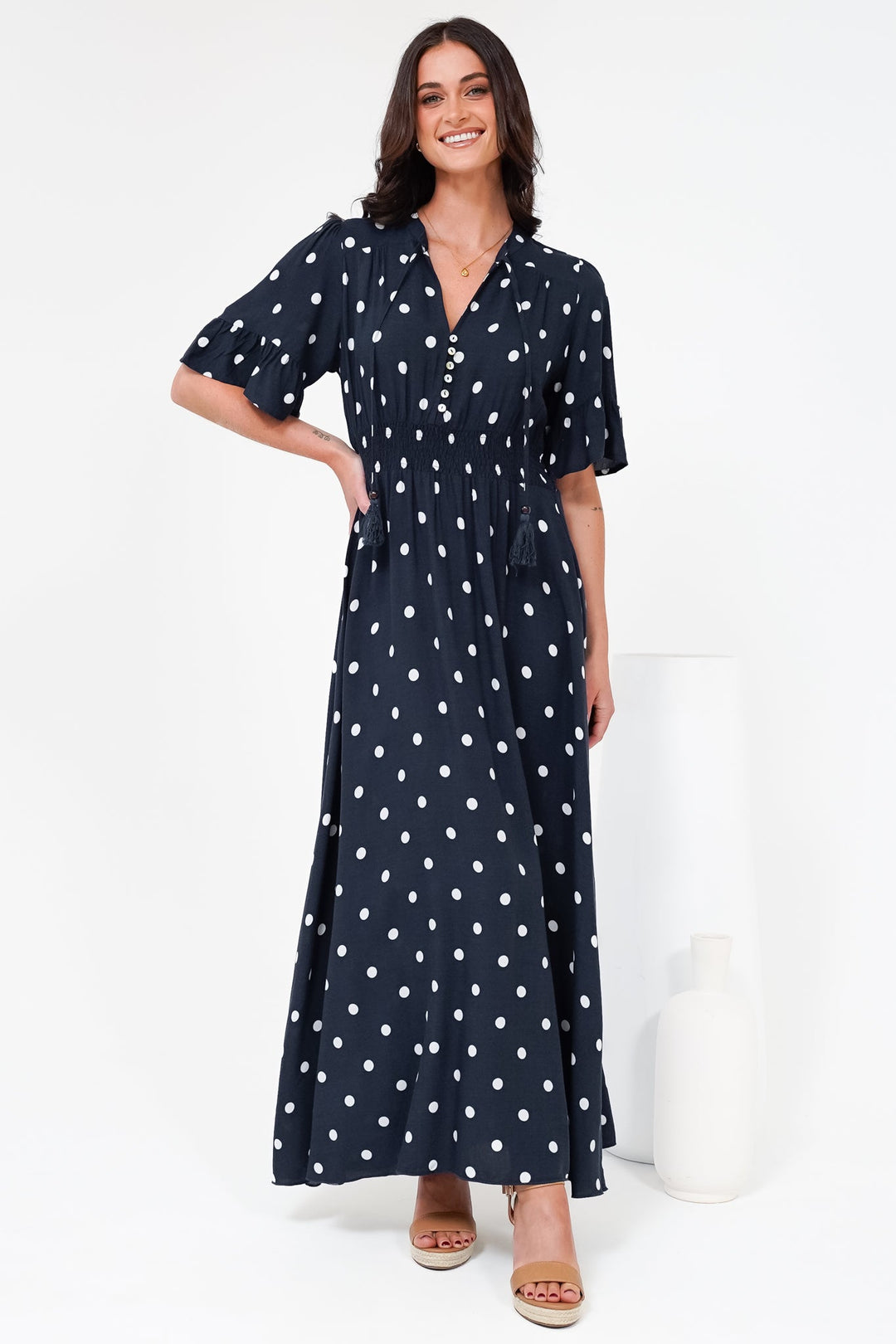 Women’s Maxi Dress V-Neck Short Sleeve Elasticated Waist Polka Dot Dress