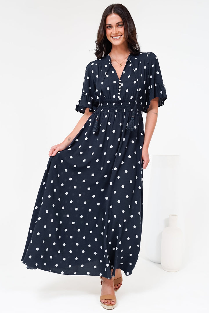 Women’s Maxi Dress V-Neck Short Sleeve Elasticated Waist Polka Dot Dress