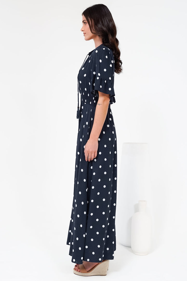 Women’s Maxi Dress V-Neck Short Sleeve Elasticated Waist Polka Dot Dress
