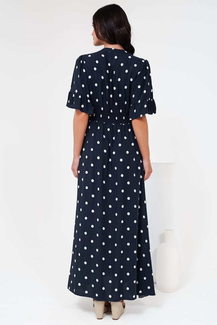 Women’s Maxi Dress V-Neck Short Sleeve Elasticated Waist Polka Dot Dress
