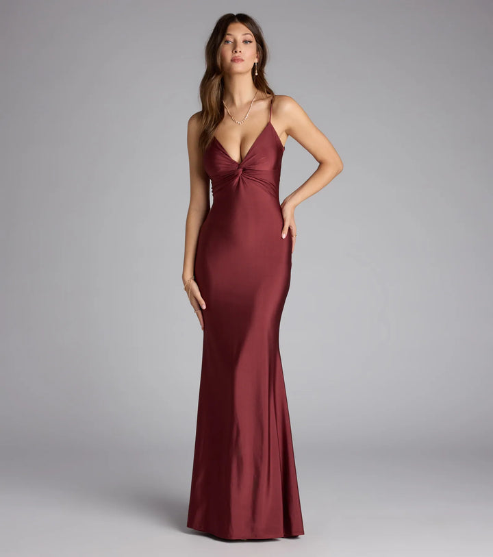 Women's Mermaid Maxi Dress with Twist V-Neck and Strappy Back