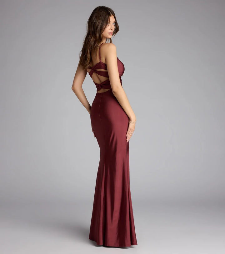 Women's Mermaid Maxi Dress with Twist V-Neck and Strappy Back