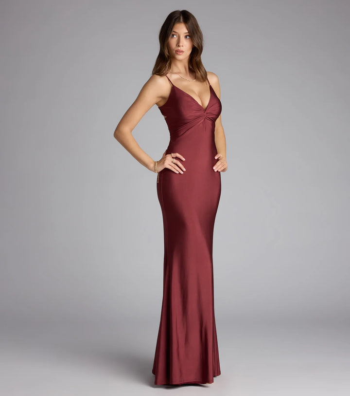 Women's Mermaid Maxi Dress with Twist V-Neck and Strappy Back