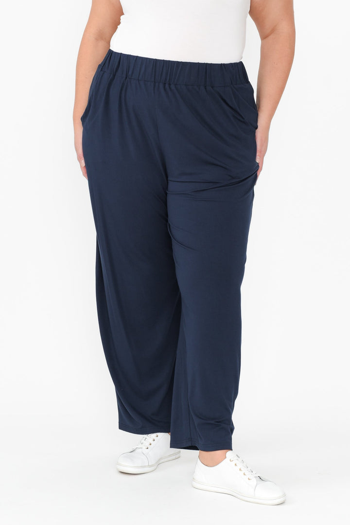 Women’s Navy Bamboo Elastic Waist Straight Leg Pants