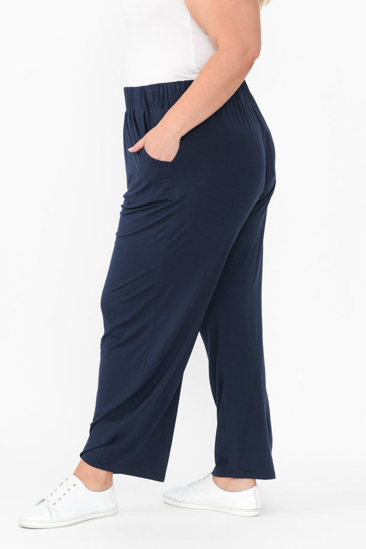Women’s Navy Bamboo Elastic Waist Straight Leg Pants