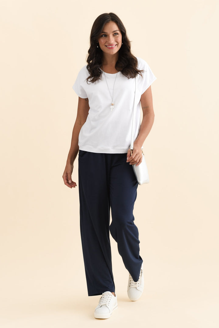 Women’s Navy Bamboo Elastic Waist Straight Leg Pants