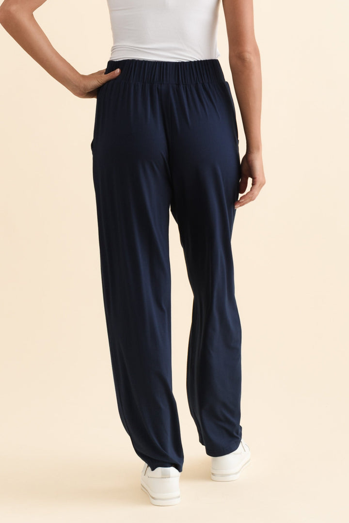 Women’s Navy Bamboo Elastic Waist Straight Leg Pants