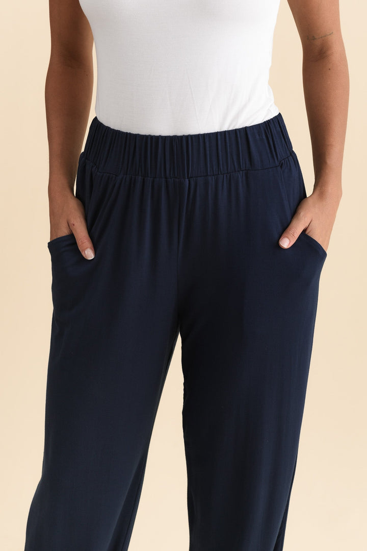 Women’s Navy Bamboo Elastic Waist Straight Leg Pants