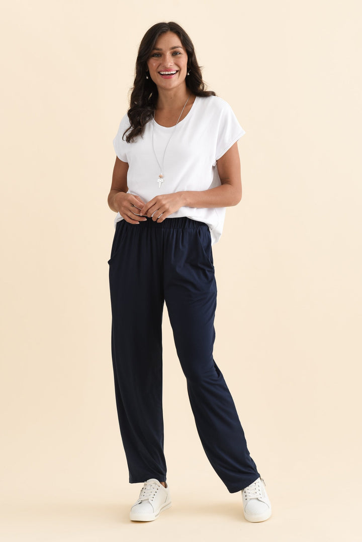 Women’s Navy Bamboo Elastic Waist Straight Leg Pants
